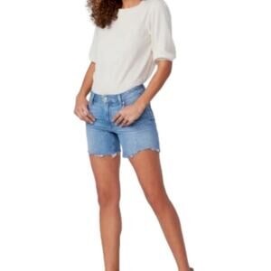PAIGE Sarah Long Line Blue Denim Short Raw Hem NWT